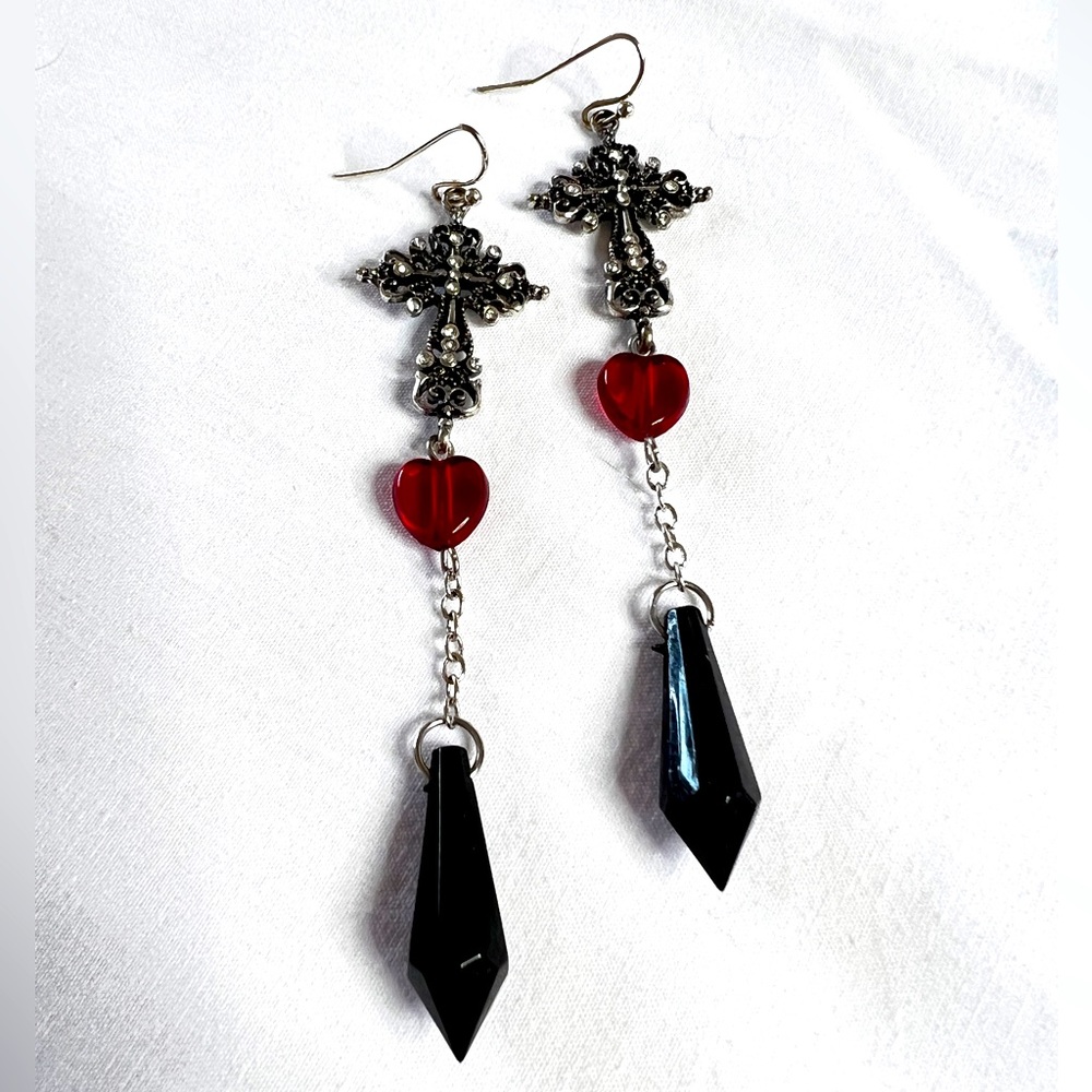 Long Cross Beaded Earrings Adorned with Sparkling Rhinestones